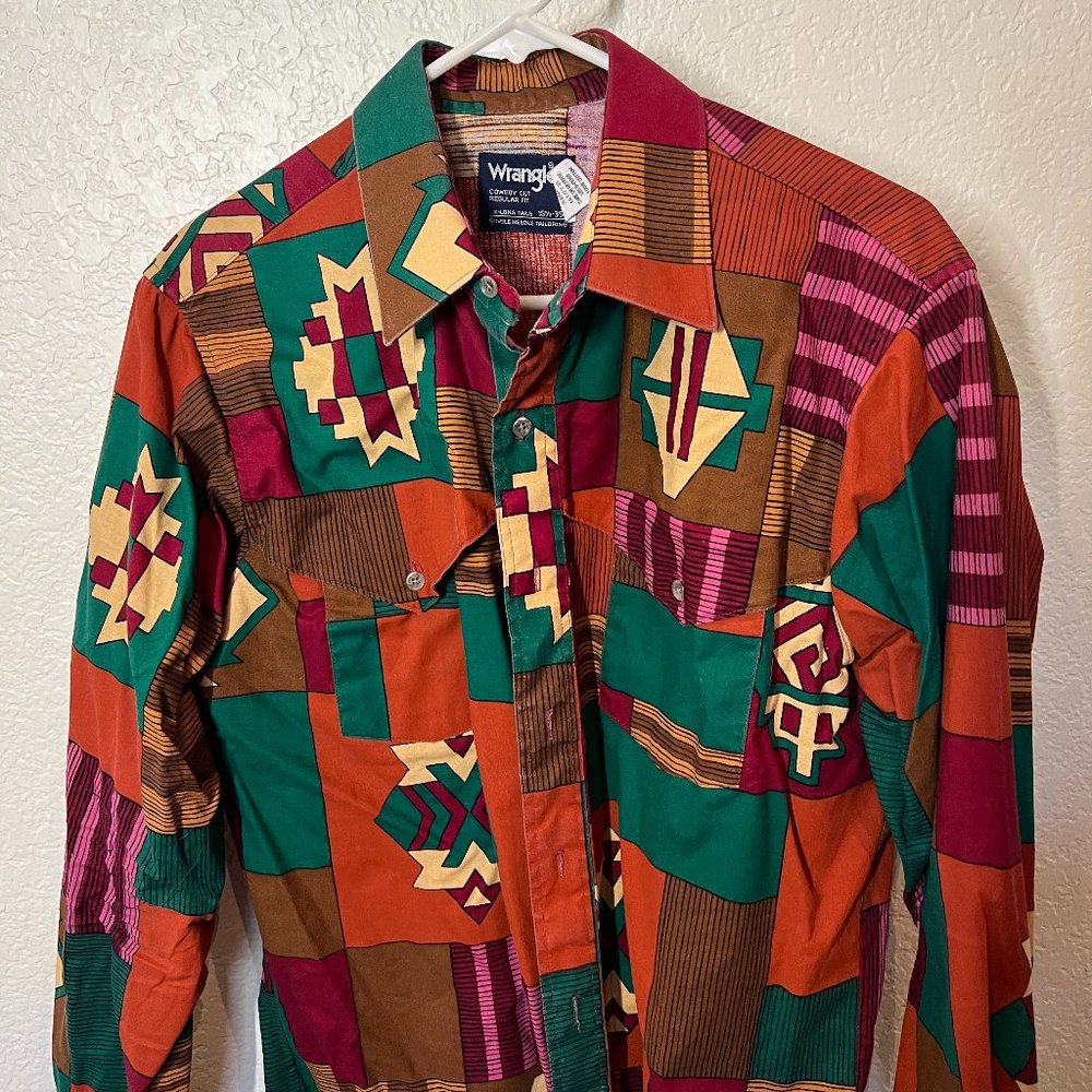 Vintage Wrangler Western Shirt Southwestern Print - Cowboy Cut Size 16.5 - 35